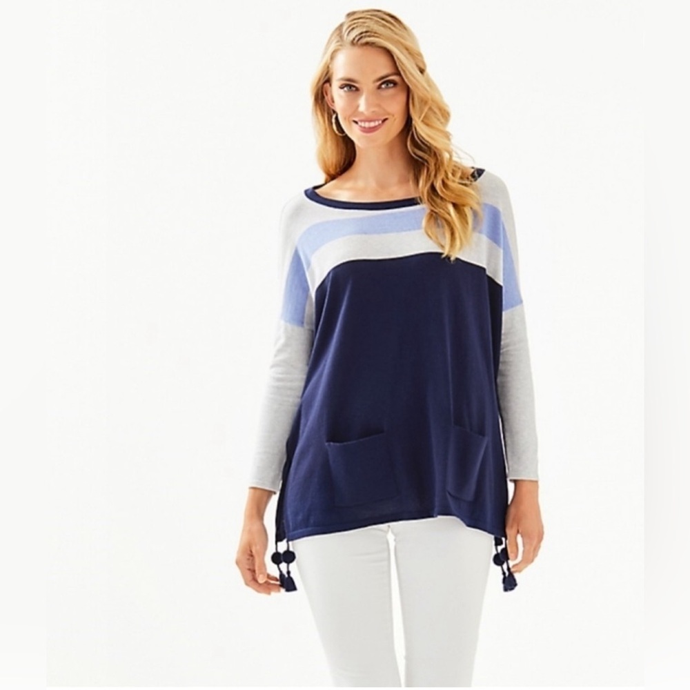 LILLY PULITZER XS Preppy PomPom Romance Coastal Elba Coolmax Tassel Sweater Navy